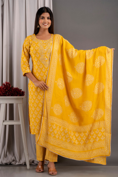 Strate Yellow  Kurti Pent Dupatta